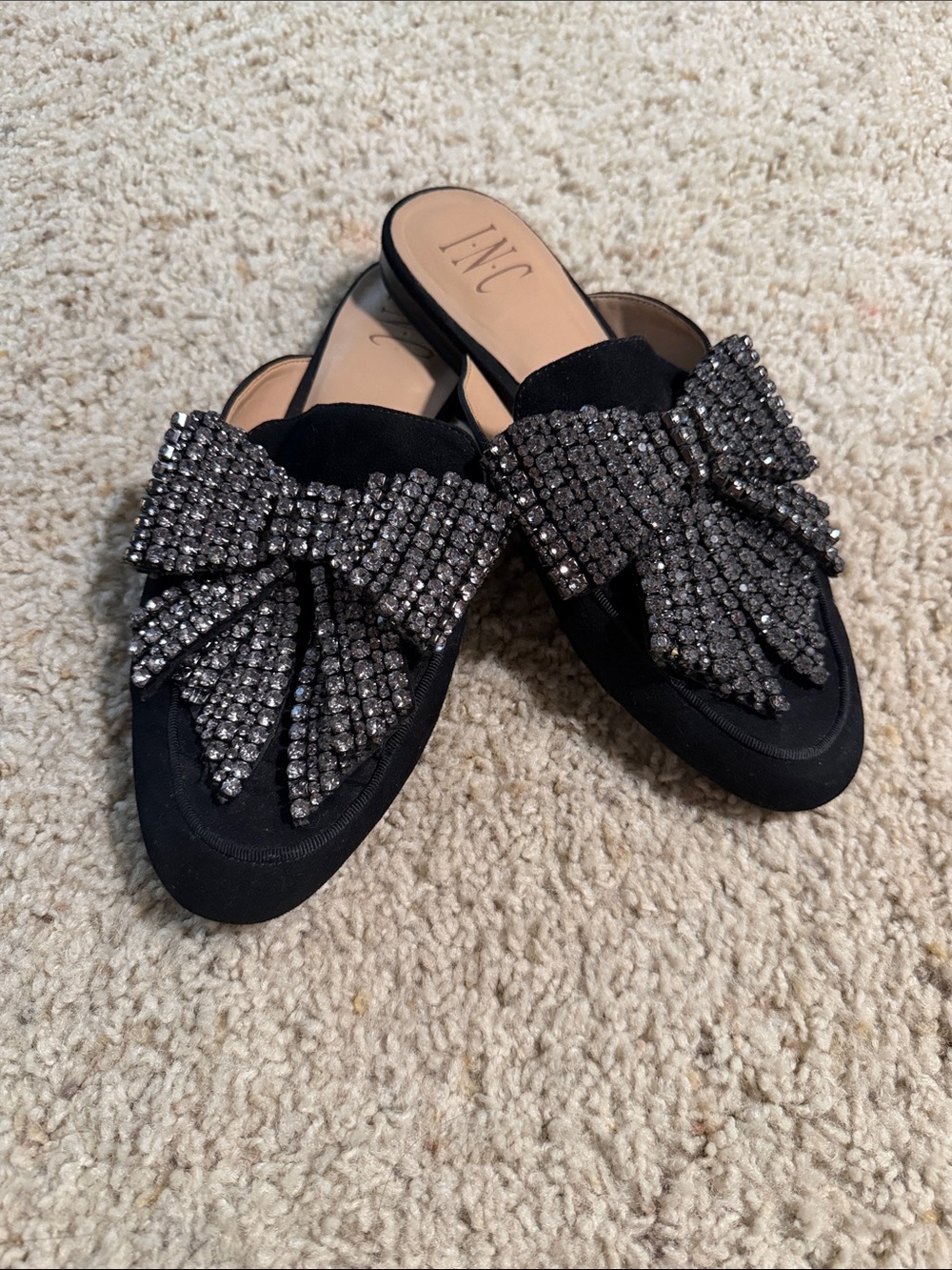 INC International Concepts Black Slip-On Mules with Crystal Bow
